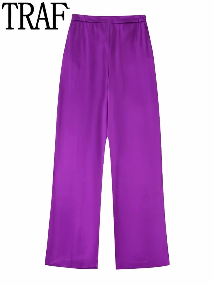 

TRAF Pants For Women 2022 Purple Satin Trousers Women High Waist Baggy Pants Female Office Wear Chic And Elegant Woman Pants Set
