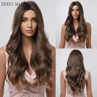 henry margu brown ombre long synthetic wigs natural wavy middle part womens wig heat resistant for black women party fake hair