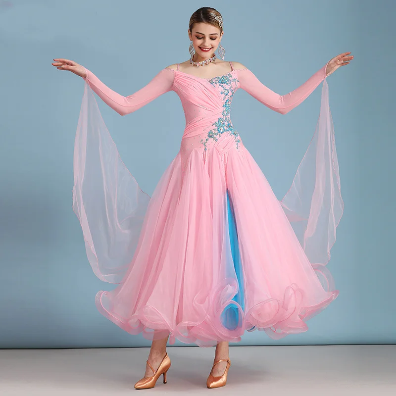 

Женское платье для бальных танцев, розовое платье с длинным рукавом и юбкой для танцев фламенко, для сцены и вальса, для бальных танцев