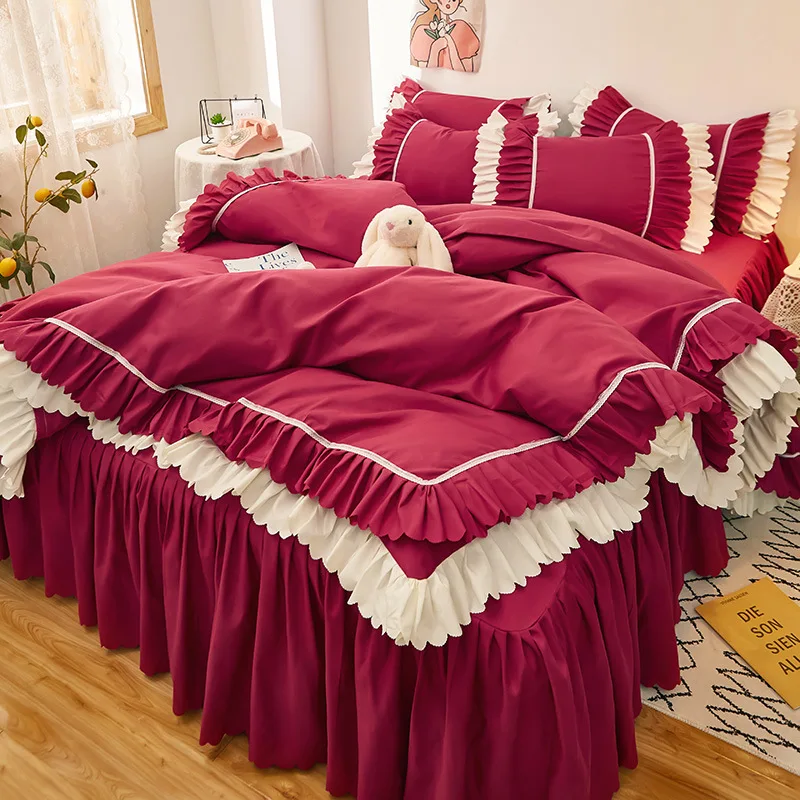 

Princess Bedding Set Queen Girls Luxury Multi-layer Cake Bed Skirt Comforter Set Duver Cover Bed Sheets and Pillowcase 4 Pcs Set