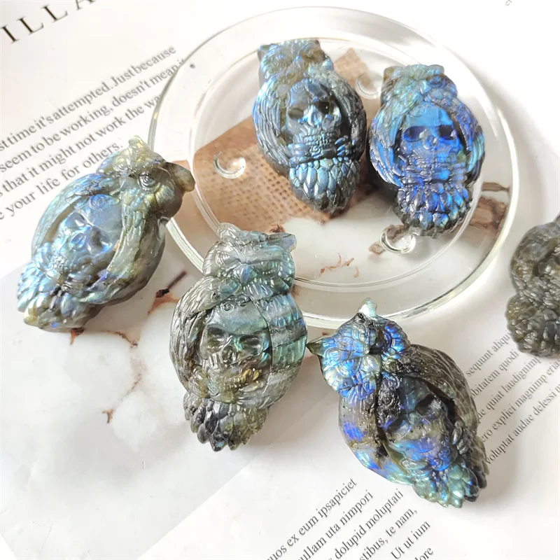 

Labradorite Owl Skull Quartz Carving Polished Crystal Healing Natural Stones Gemstones Reiki Decoration