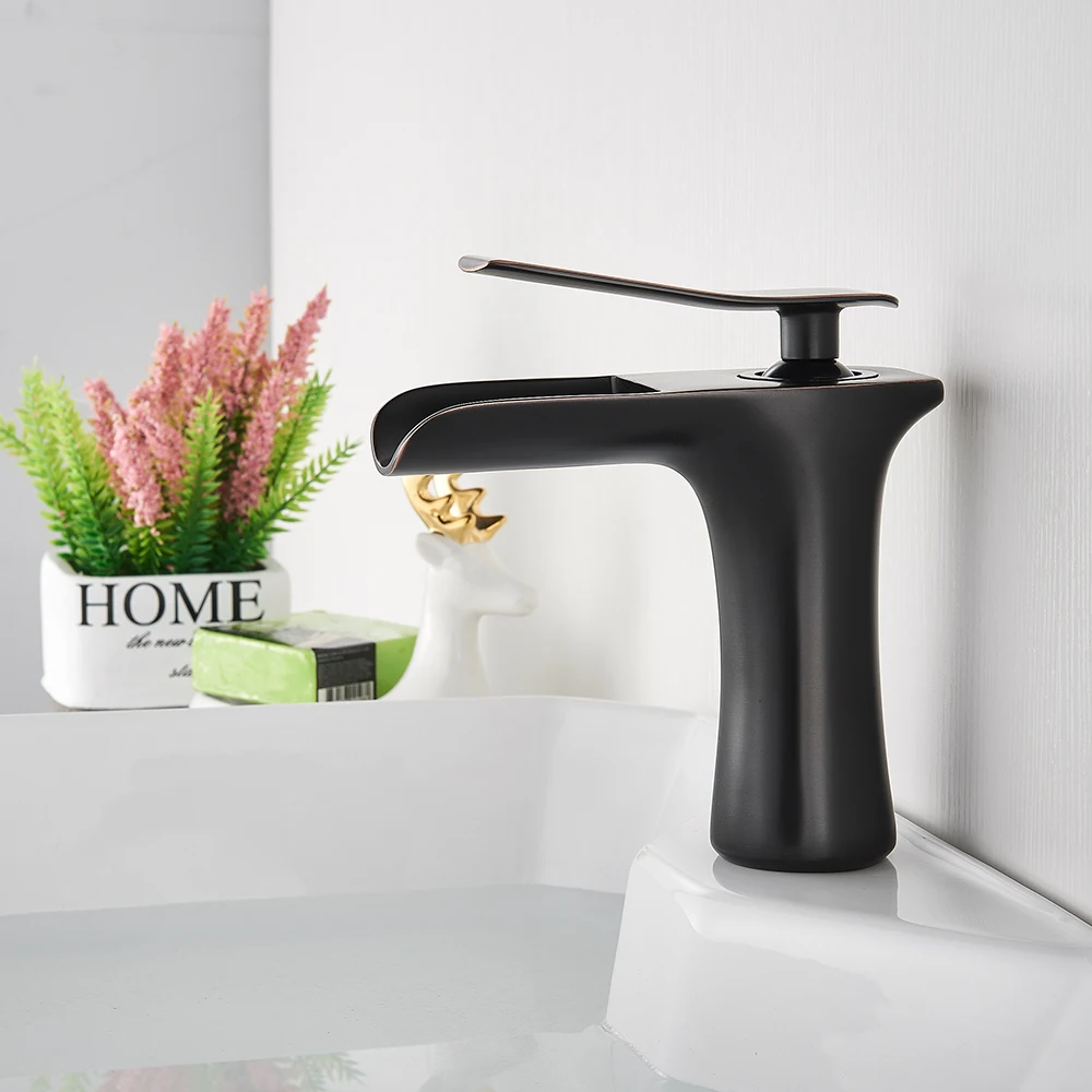 

Oil Rubbed Bronze Basin Faucet Waterfall Bathroom Mixer Faucet Deck Mounted Cold Hot Water Mixer Tap Bathroom Vessel Sink Tap