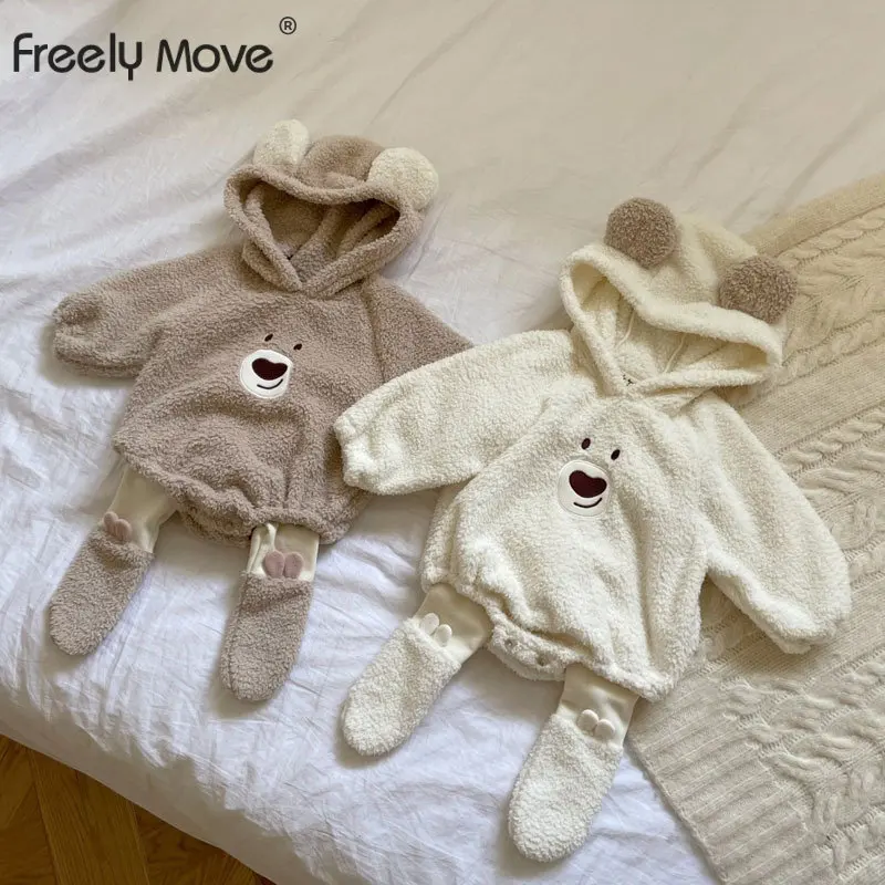 

Freely Move Korean New Autumn Winter Baby Girl Boy Clothes Long Sleeves Cartoon Warm Velvet Bodysuit+Leggings Newborn Clothing