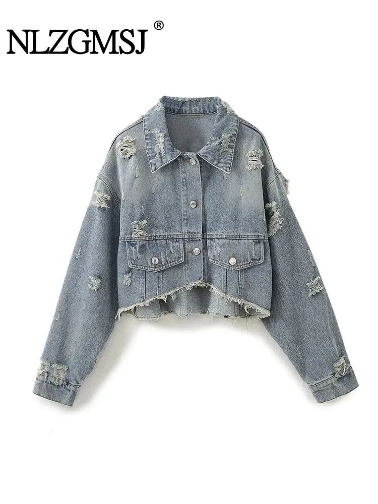

ZaZevity Women Fashionable Perforated Metal Button Short Soft Denim Jacket Coat Vintage Long Sleeve Flap Pocket Unique Top