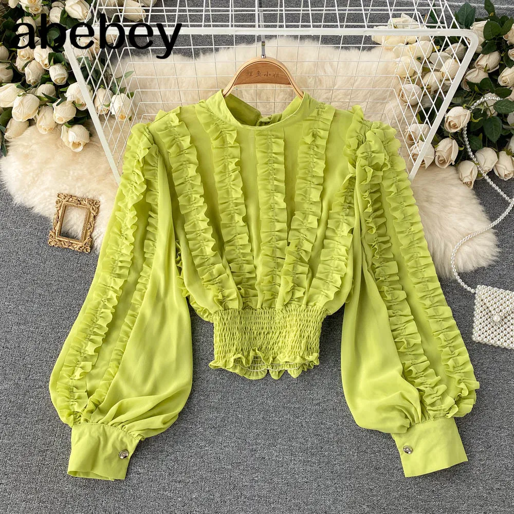 

Chic French Women Blouse Elastic Ruched Slim Ruffles Long Sleeve Tops 2022 New Fashion Streetwear Short Blouses Autumn