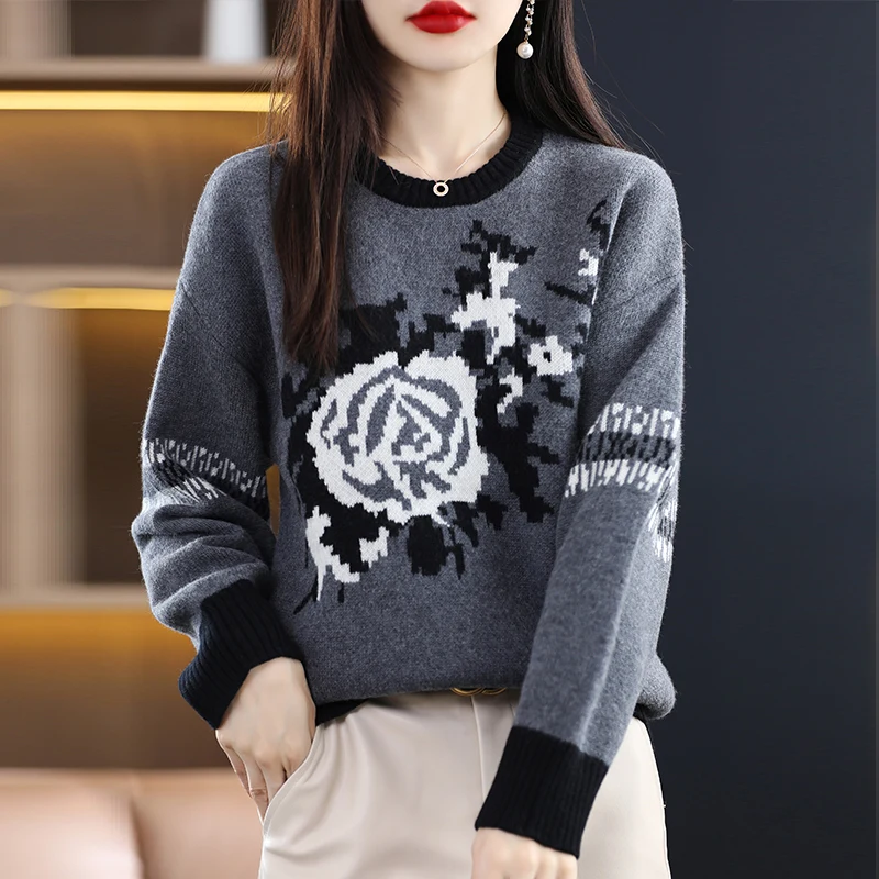 New Autumn/Winter Wool Sweater Women's Round Neck Jacquard Camellia Design Sweater Loose Color Matching Knit Bottoming Sweater