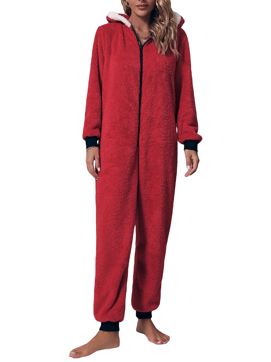 

Couples Matching Christmas Jumpsuit for Adults Heart Print Zipper Fleece Pajamas Hoodie Women Men Holiday Pocket Sleepwear