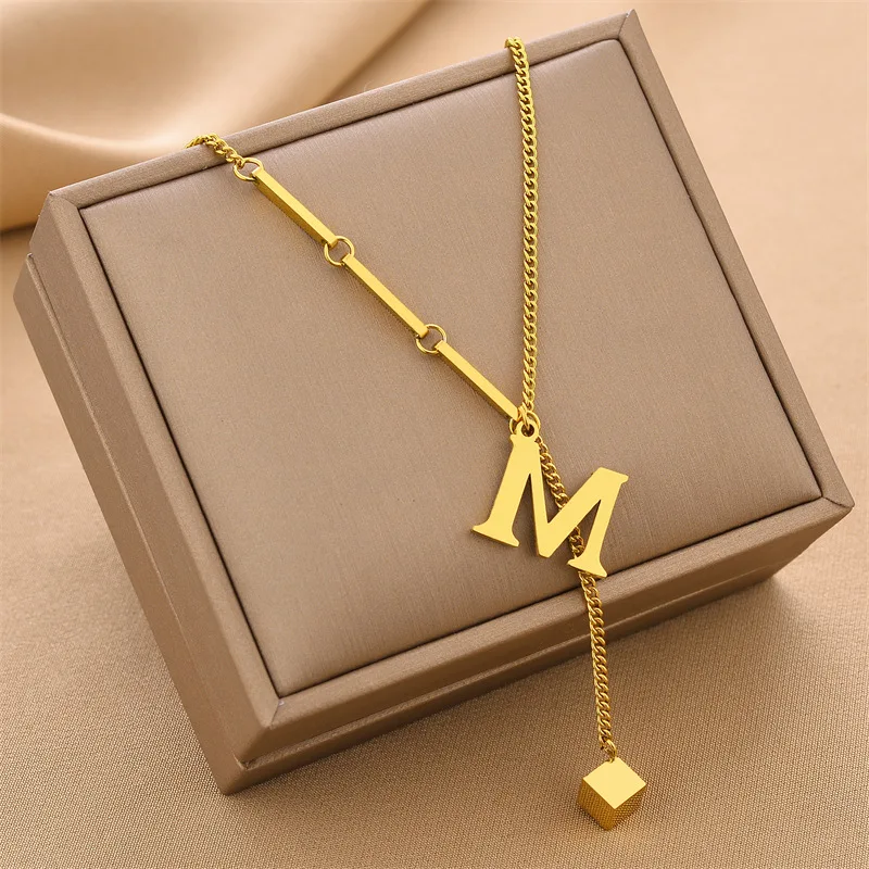 

Fashion Letter M Geometry Pendant Stainless Steel Necklaces For Women Popular Long Tassel Not Fade Jewelry Accessories Gift