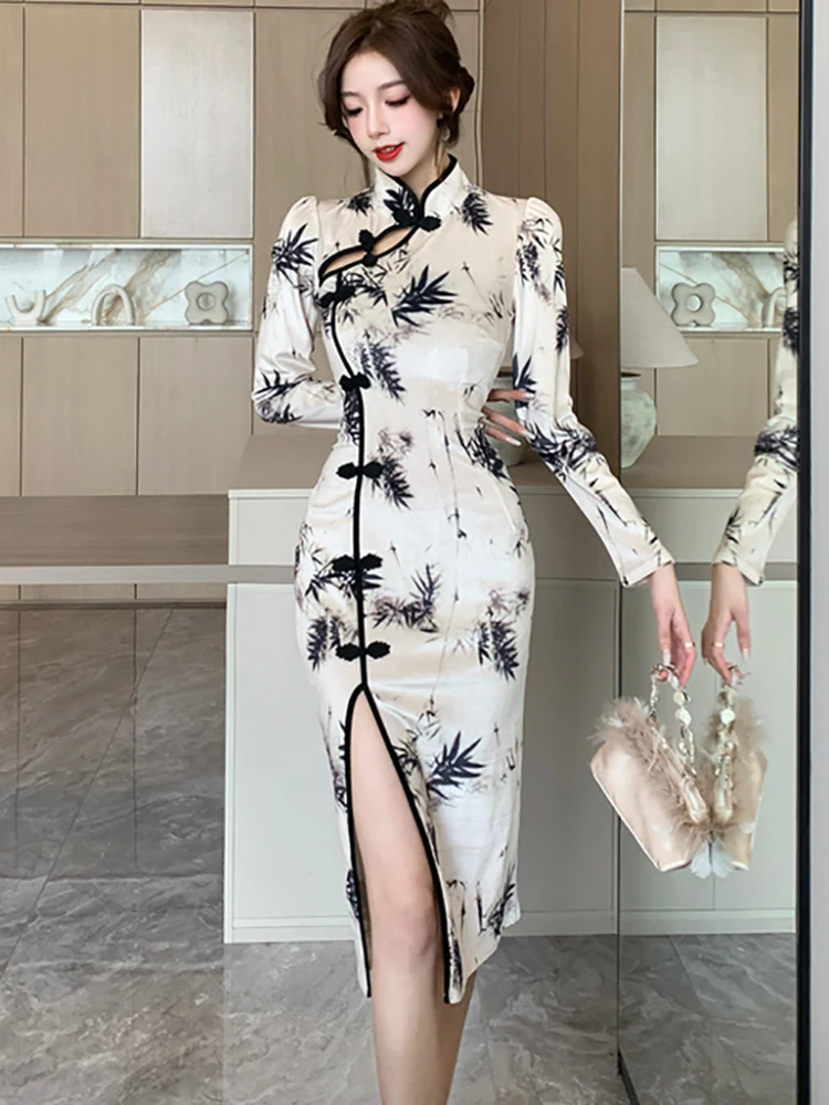 Женское бархатное платье с принтом элегантное винтажное облегающее в Корейском