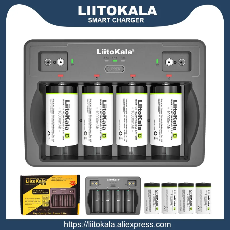 

LiitoKala Lii-D4 4 слота D 26650 18650 21700 18500 14500 16340 AA AAA C SC 22650 V 3,7 V 9V литиево-никель-металлогидридное умное зарядное устройство