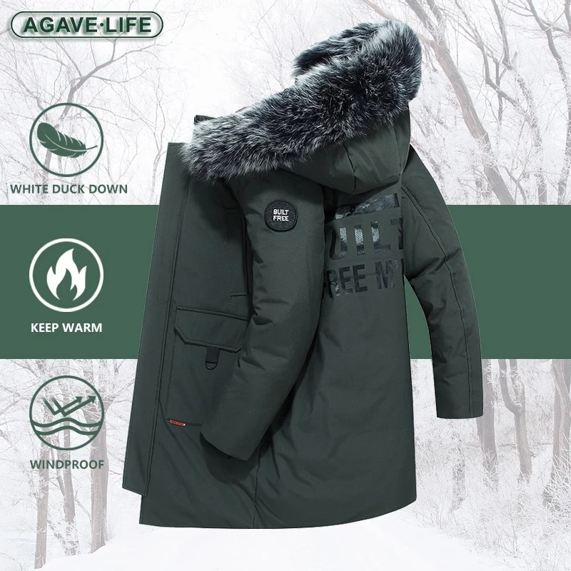 

Парка мужская зимняя на белом утином пуху с капюшоном, средней длины