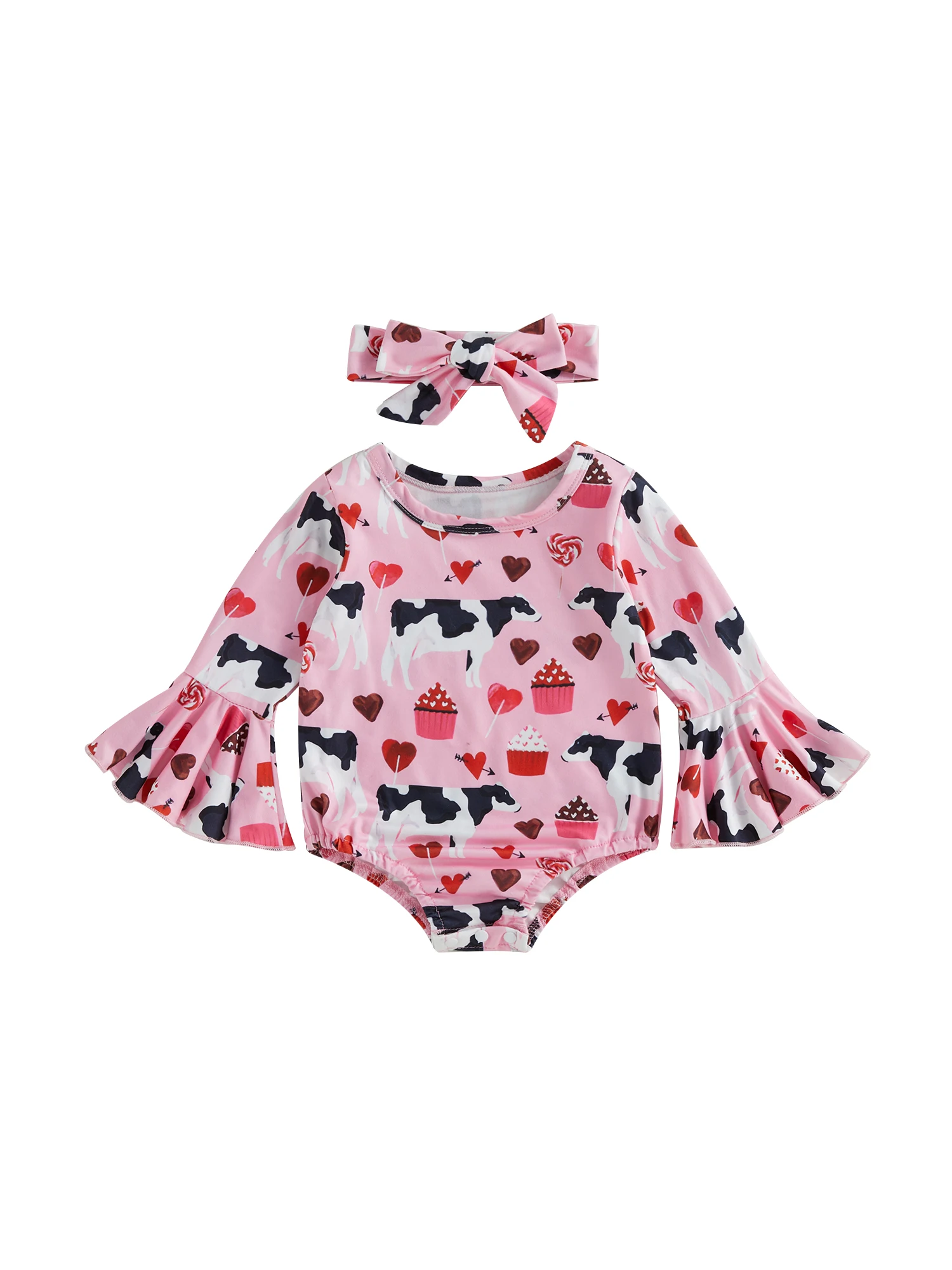 

Western Baby Girl Shirt Romper Flare Long Sleeve Bodysuit Cute Blouse Tops Headband Spring Clothes