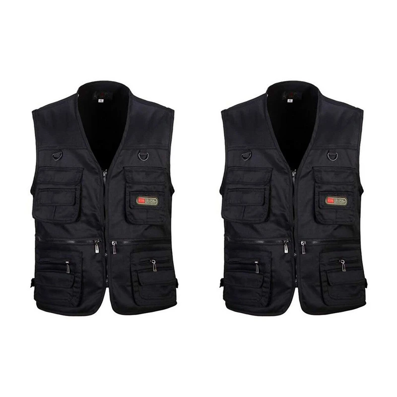 

2 Pcs Men's Fishing Vest With Multi-Pocket Zip For Photography / Hunting / Travel Outdoor Sport Black, XXL & XL