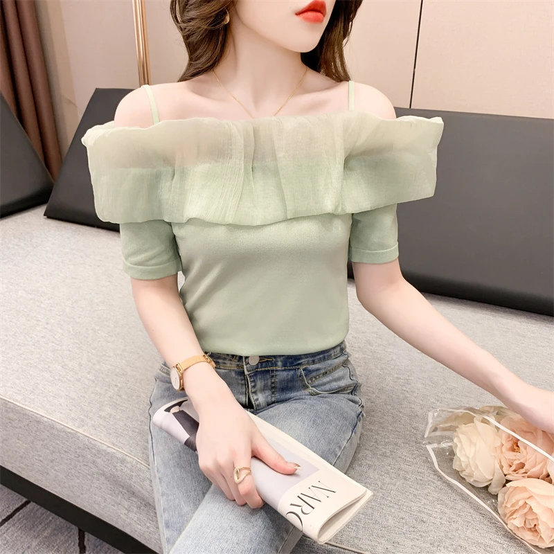 

2023 Summer Women Tops Sexy Short sleeve Patchwork Chiffon Shirt Off the shoulder T shirt