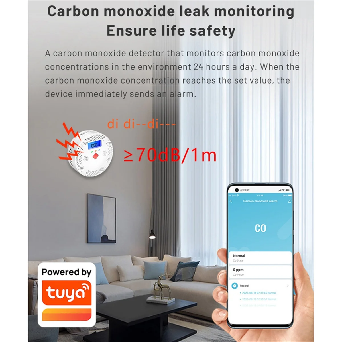 Детектор угарного газа Tuya с Wi-Fi и ЖК-дисплеем 70 дБ
