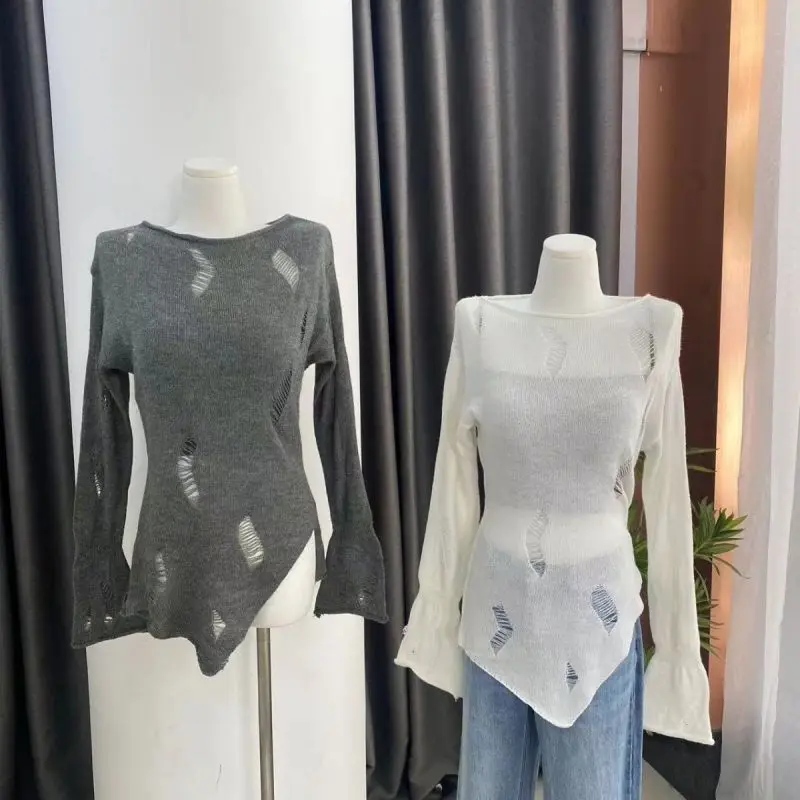 

BEENLE Солнцезащитная Дымчатая Женская весенне-зимняя уличная дышащая тонкая серая дизайнерская вязаная рубашка Топ корейская модная футболка