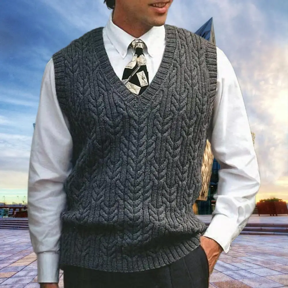 

Spring Autumn Men Vest Twist Pattern V Neck Solid Color Stretchy Knitting Straight Waistcoat Streetwear