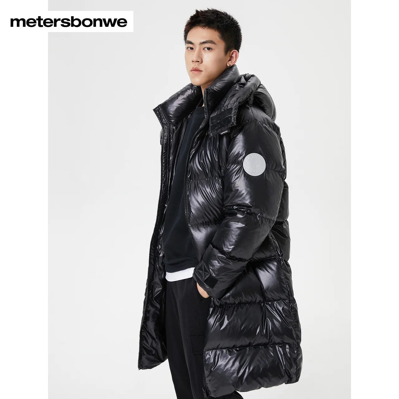Metersbonwe Long Glossy Down Jacket Winter Men Hooded Thick Winter Down Coat Solid Fashion Overcoat Outerwear Warm Hat Detachabl