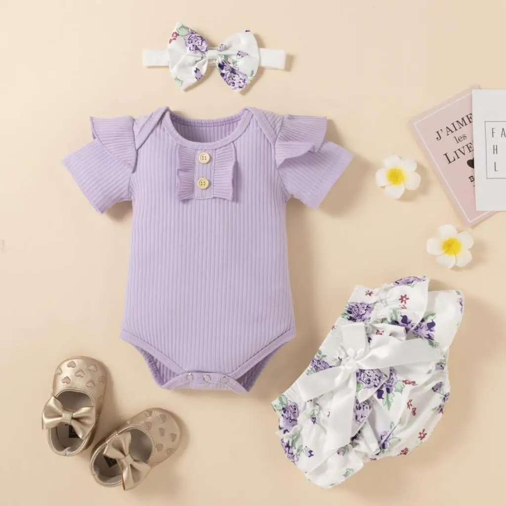 

Summer Newborn Baby Girls Clothes Suit Short Sleeve Bodysuit and Floral Shorts Headband 3Pcs Toddler Outfit Cotton Clothing Set