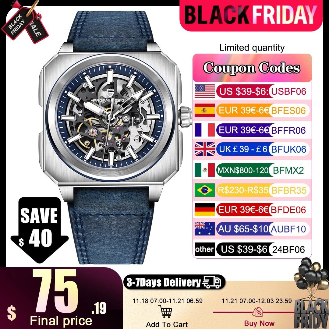 PAGANI DESIGN автоматические механические мужские часы из нержавеющей стали полые