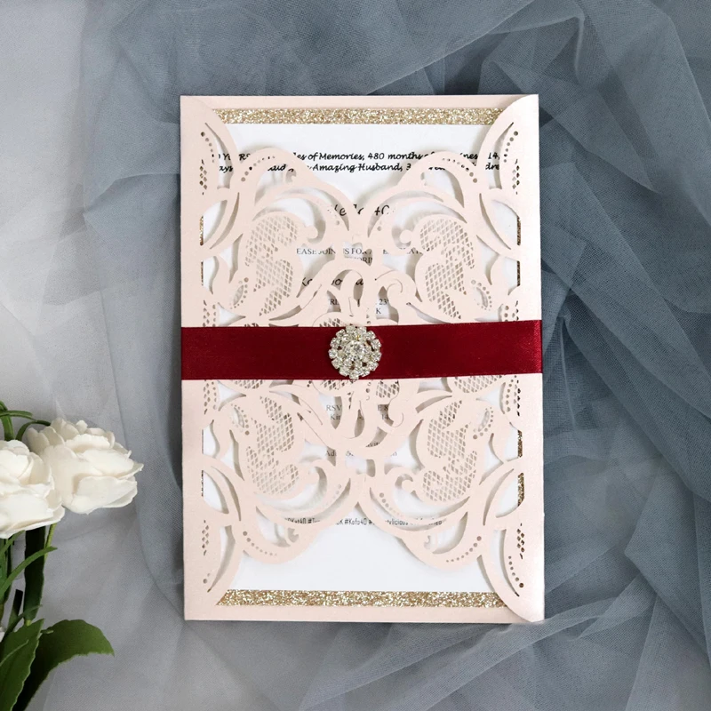 

(50 pieces/lot) Laser Cut Pink Wedding Invitation Card Engagement XV Birthday Baptism Invitations with Ribbon and Diamond IC126
