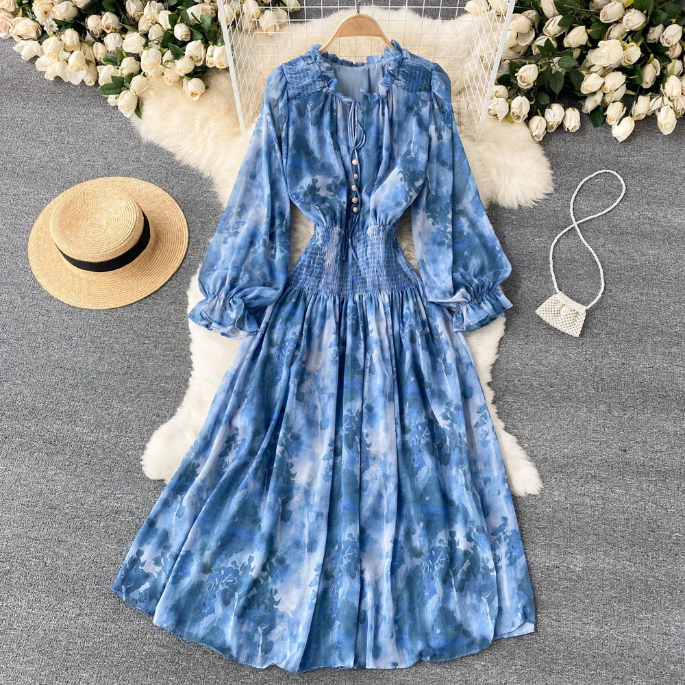 

Autumn Women Blue/Red/Black Printed Party Dress Bohemian Puff Long Sleeve High Waist Ruffle Collar Midi Robe Female Vestidos New