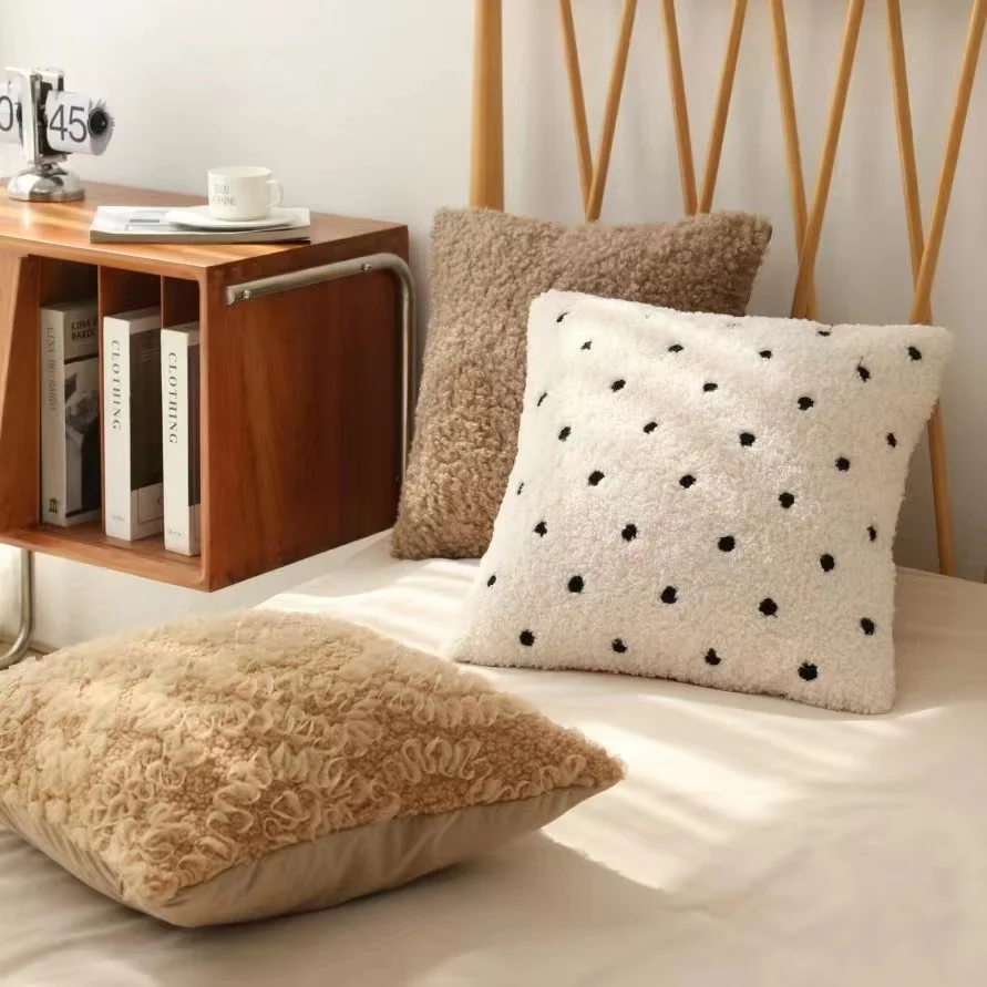 

Solid Cushion Cover IvoryCamel Sheepskin Polka Dot Lace 45x45cm Pillow Cover Home Decoration Sofa Couch Bed Living Room Bedroom