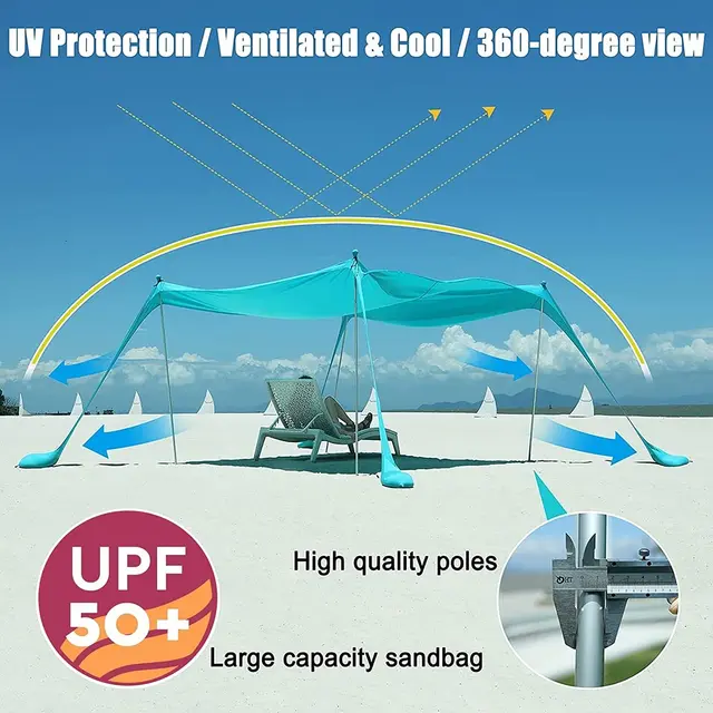 Family Beach Canopy ,Large Beach Sunshade Tent with Stability Poles,UPF50+Outdoor Shade for Beach,Camping,Party or Picnics 2
