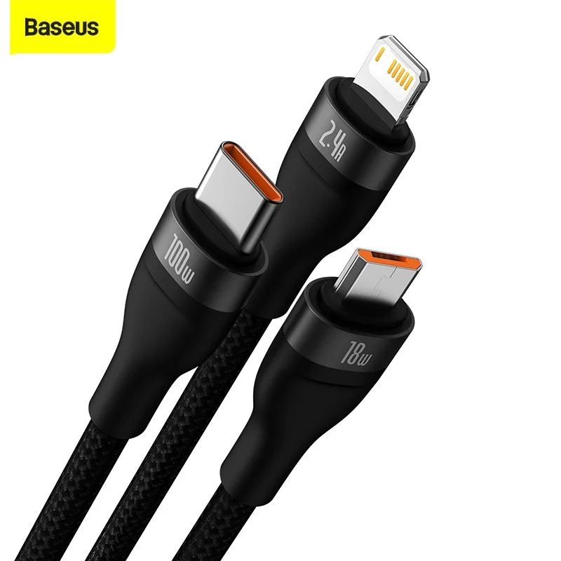

Baseus USB Type C Cable 100W Fast Charging 3 in 1 Cable For iPhone 13 12 11 Pro Phone Charger For Xiaomi Samsung Micro USB Cable