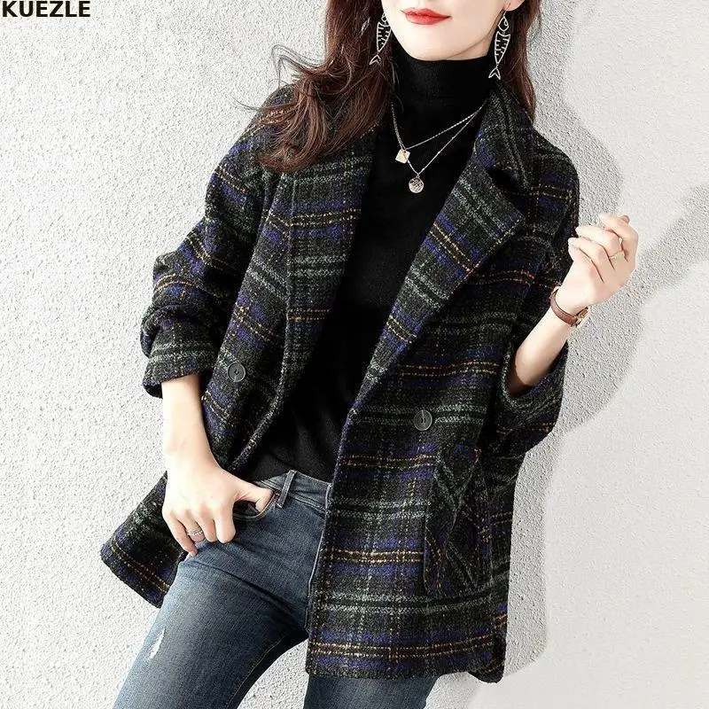 

5XL Wool Blends Coats Women 2022 New Loose Size Jacket Womens Fashion Plaid Autumn Winter Woolen Coat Women Casual Female Coats