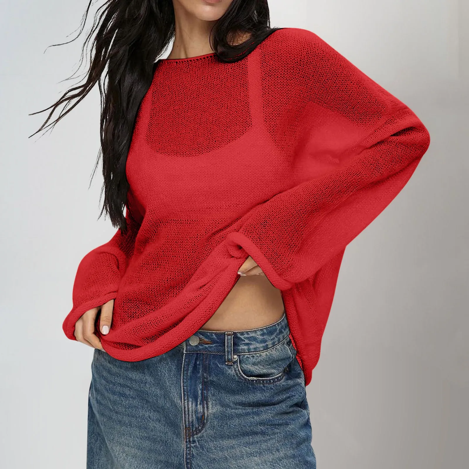 Трикотажный прозрачный топ рубашки женский свободный сетчатый пуловер с длинным