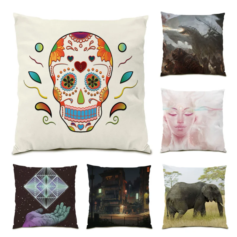 

Elephant Colorful New Decorative Pillowcase Polyester Linen 45x45 Cushion Cover Abstract Geometry Home Modern Velvet Skull E0652