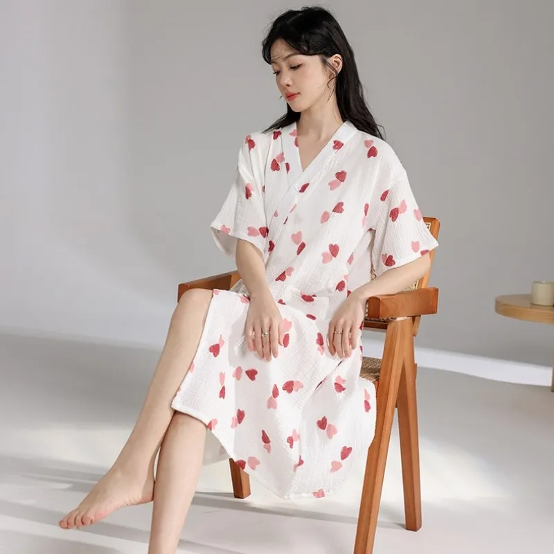 Pajamas For Women's Summer Pure Cotton Kimono Nightgowns Thin Bathrobe Sweet Style Home Service Comfortable and Casual Sleepwear