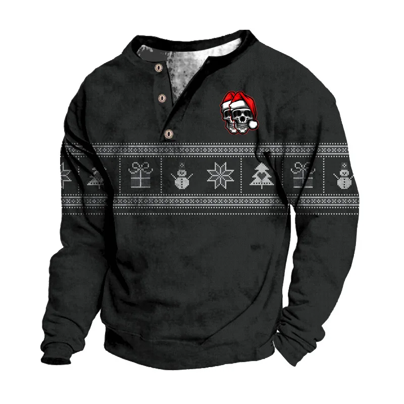 

Christmas T-shirt For Men With Button Cotton T Shirt Skull Santa's Hat T-Shirts Long Sleeve Tees Oversized Man Clothing Tops New