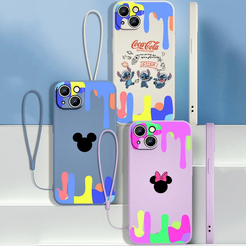 

Disney Mickey Mouse Stitch For Apple iPhone 13 12 11 Pro Max mini XS XR X 8 7 6S 6 Plus Liquid Rope Phone Case Capa Cover