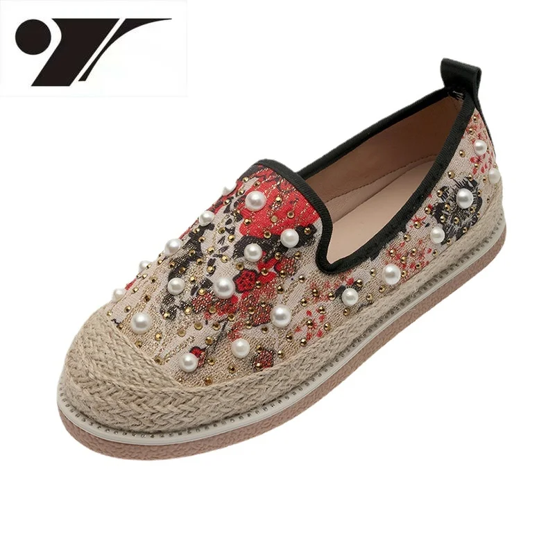 

Comfortable Straw Shoes Women Vintage Pearl Decoration Pumps Spring and Autumn New Flower Lovers Flat Fashion Flats Shoes