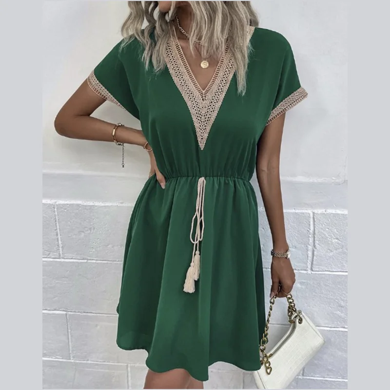 

Summer Dress Women Chiffon DressV-Neck Sexy Dress Short Sleeve Lace Vintage Dress Belt White Dress Women Casual Female Clothing