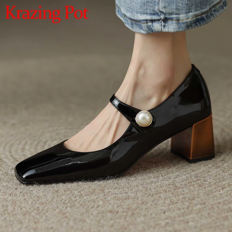 

Krazing pot big size sheep leather square toe high heels retro fashion young lady streetwear pearl decorations women pumps L8f1