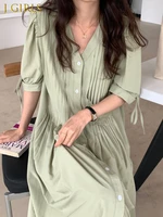 j girls gentle v neck ruched dress elegant single breasted puff sleeve summer clothes 2022 new casual solid midi dresses