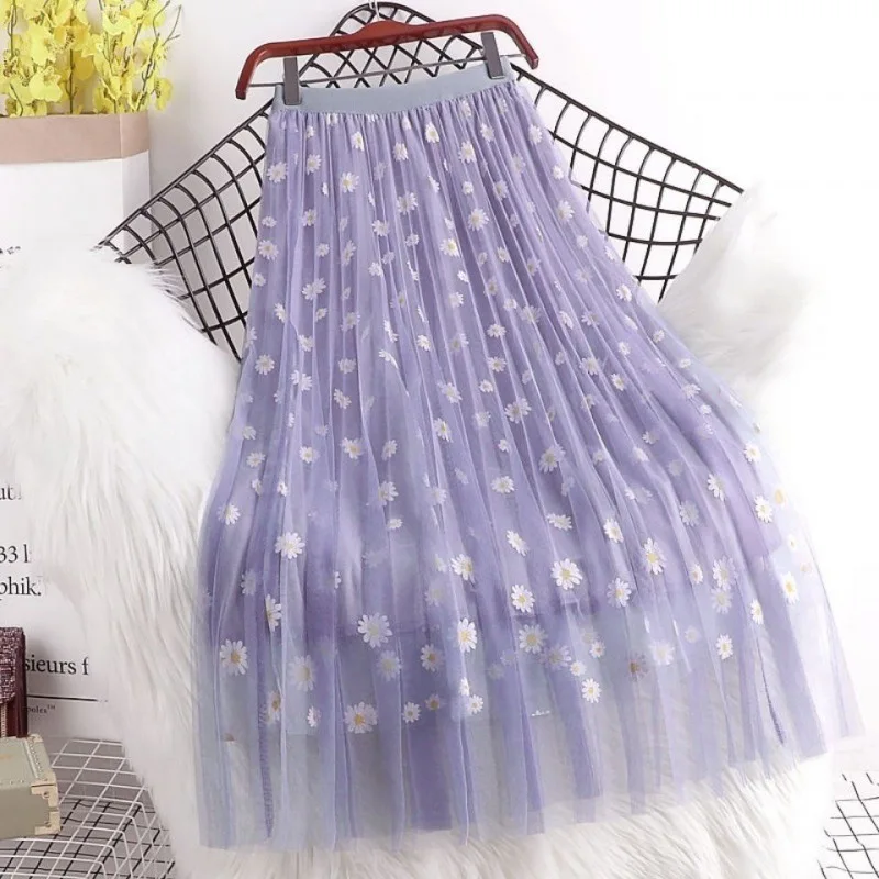 Child Daisy Print Tulle Skirts 2023 New Summer Girls Princess A-Line Pleated Skirts Teenage Mesh Skirts for Kids 3-14T images - 6