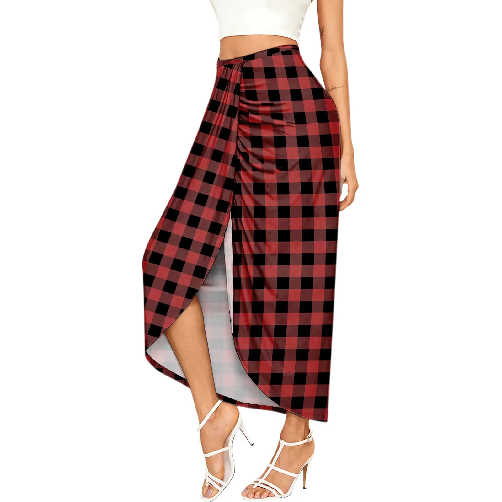 

Swimsuit with Skirt Womens Flower Plaid Prints Draped Slit High Elastic Waist Casual Swimsuit with Skirt Rhinestone Fringe Skirt