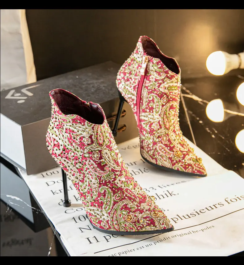 Autumn Winter Short Boots Stiletto High Heels Sequins Rhinestone Pearl Celebrity Style Party Shoes Side Zipper High Heels Women