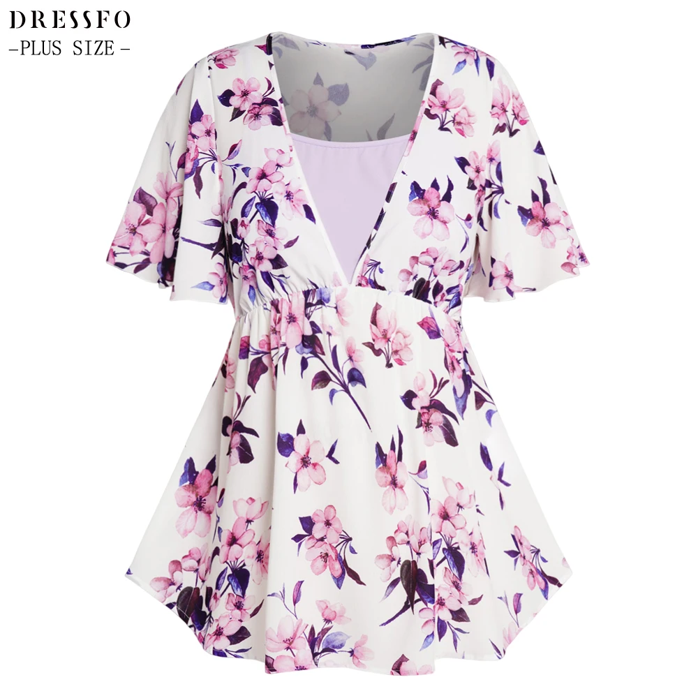 

Dressfo Plus Size Curve Faux Twinset Blouse For Women Flower Print Short Sleeve Cottagecore 2 In 1 Blouse