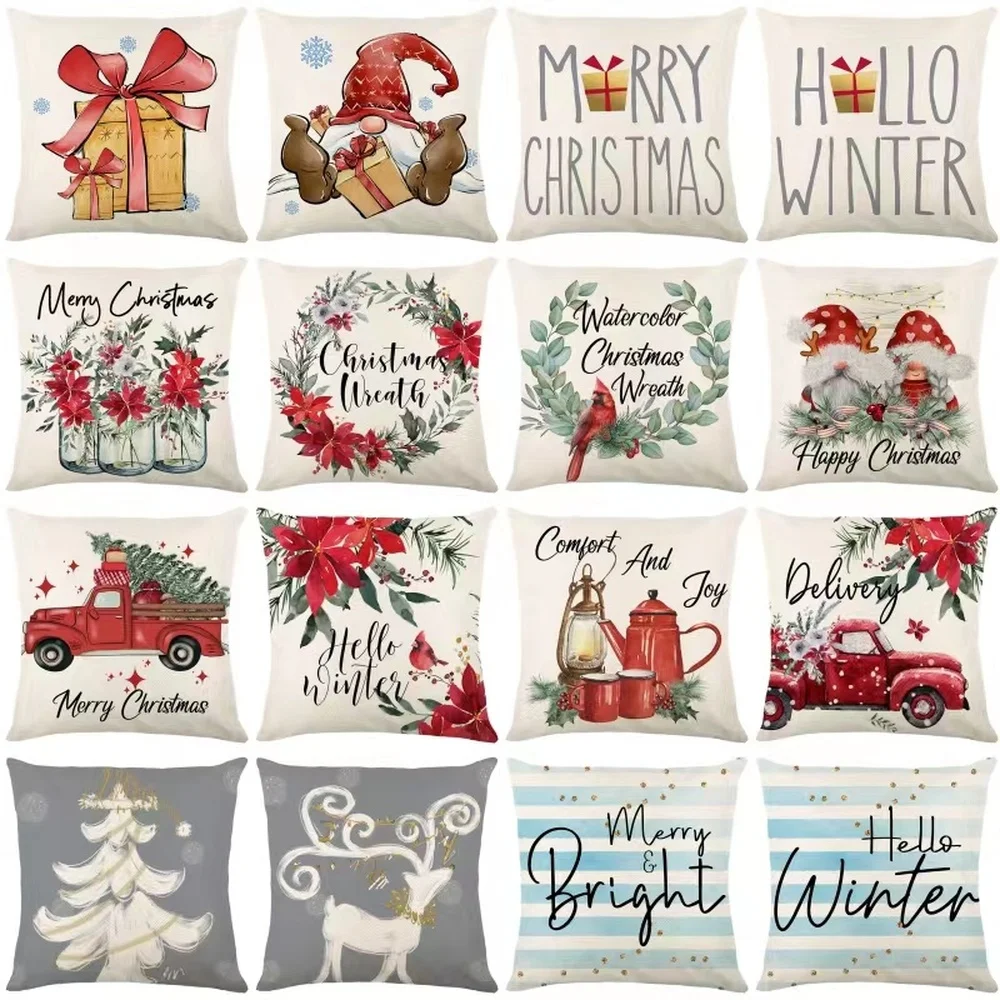 

Xmas Cushion Cover Christmas Gifts Couch Seat Car Decor Pillow Covers 18X18Inches Striped Letters Pillowcase Couch Cushion Case