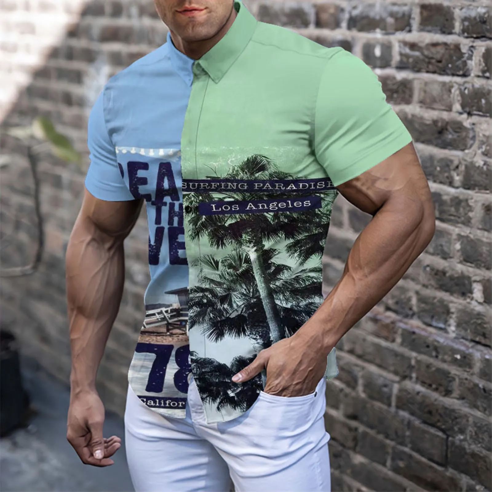 

Couture Men Spring And Summer Print Casual Lapel Single Breasted Beach Vacation Outdoor Short Sleeve Shirt Men Long Thin Sleeve