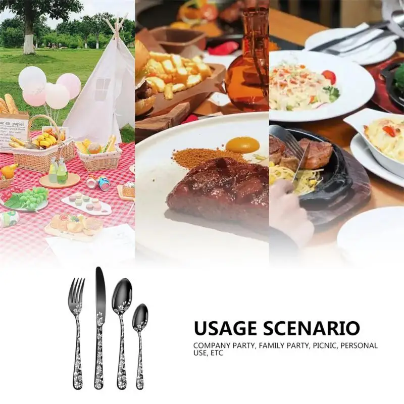 

24Pcs Set Lunch Dinnerware Portable Printed Knifes Fork Spoon Patterned Stainless Steel Family Camping Steak Cutlery Tableware