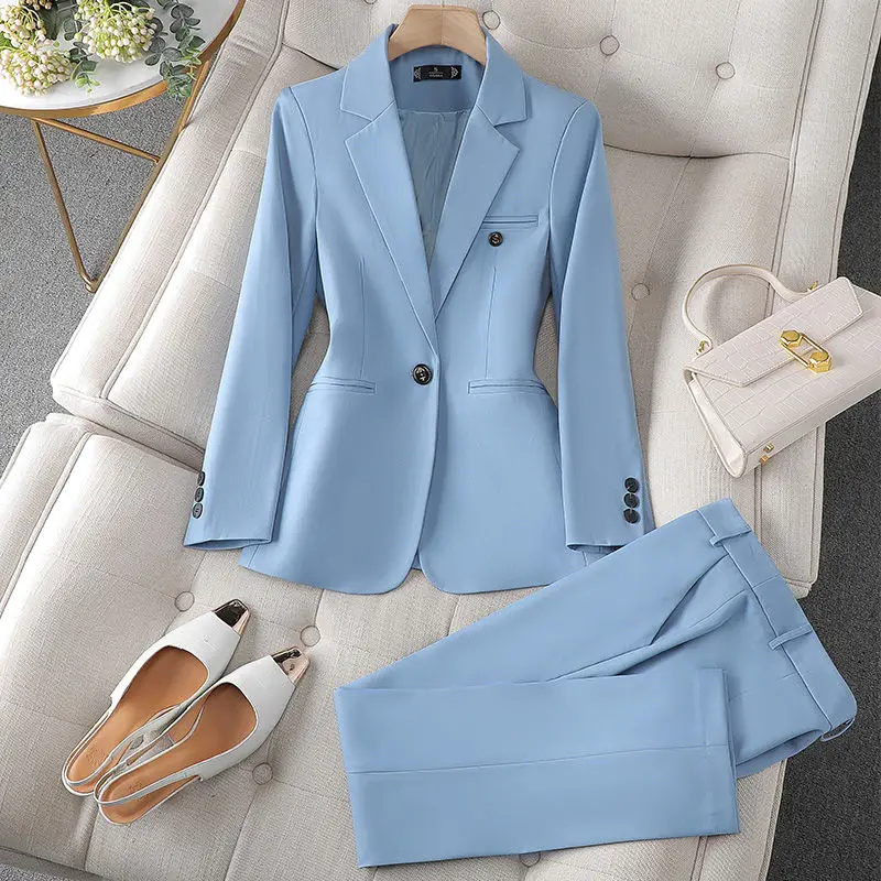 

2023 Spring Women New Elegant Office Work Suits Female Solid Color Blazers Coat Pants Ladies 2 Piece Professional Sets E186
