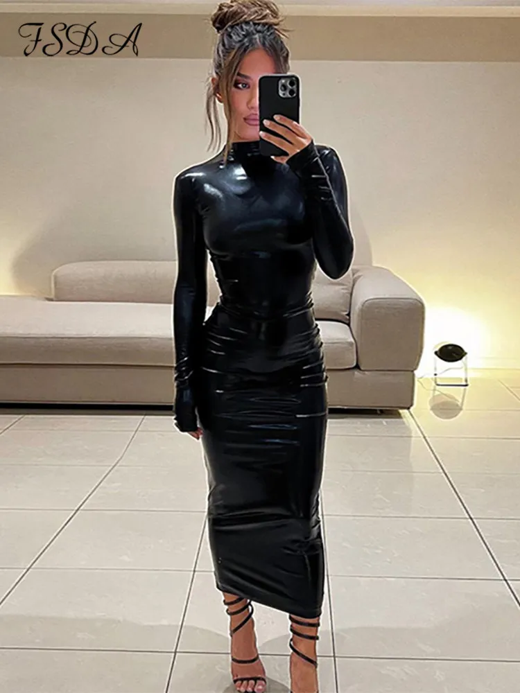 FSDA – robe moulante noire mi-longue  Sexy  col roulé  manches longues  en cuir Pu  robes de soirée