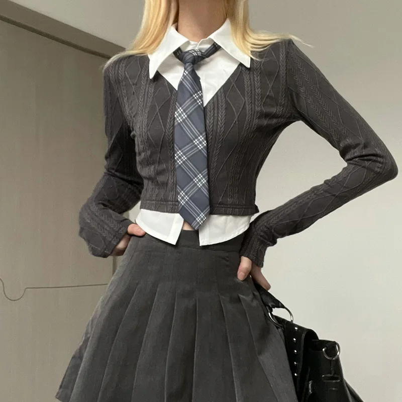 

Splicing two fake pieces Blouse Irregular Women Long sleeve Sexy Crop Top Female Slim Harajuku Fashion Shirt with Tie Y2k