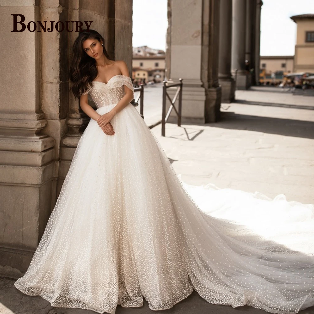 

BONJOURY Classic Wedding Dresses For Women 2023 Bride Off Shoulder Sweetheart Pleat Lace Tulle Customised Vestido De Novia